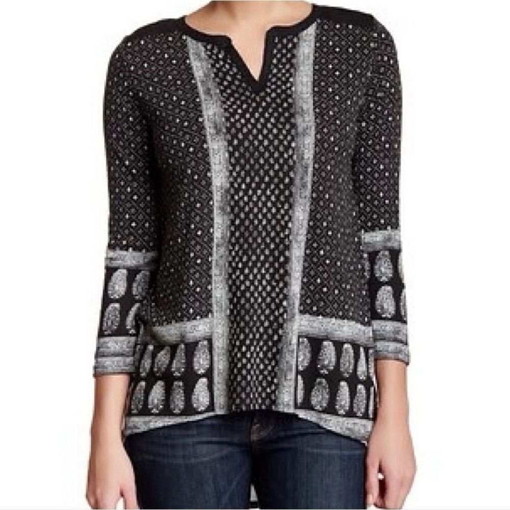 Lucky Brand Women's Boho Black Print 3/4 Sleeve Tunic Top